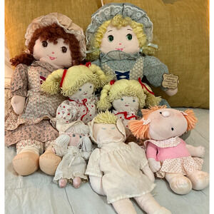 Lot 7 Vintage Country Rag Dolls Prairie Calico Folk Art Plush 80s 90s Farmhouse